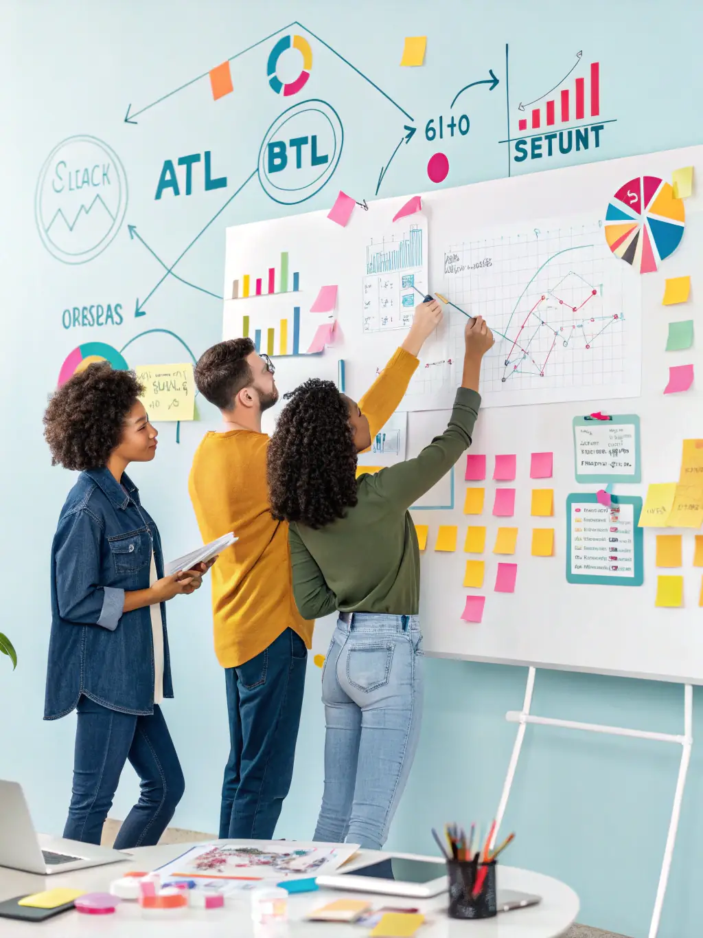 An image showcasing a team brainstorming digital marketing strategies with charts and graphs, representing Fjord Foundry's Digital Marketing Strategy service.