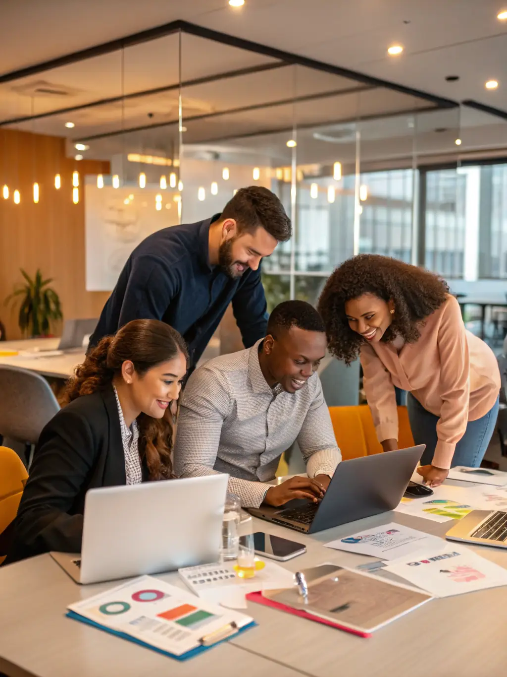 A photograph of a diverse team collaborating on a social media campaign, showcasing Fjord Foundry's expertise in social media management.